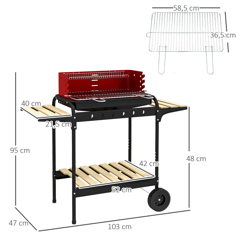 Barbecue a Carvão com Rodas Barbecue Portátil com Grelha Ajustável em Altura e Prateleiras para Piquenique Campismo 103x47x95 cm Vermelho e Preto