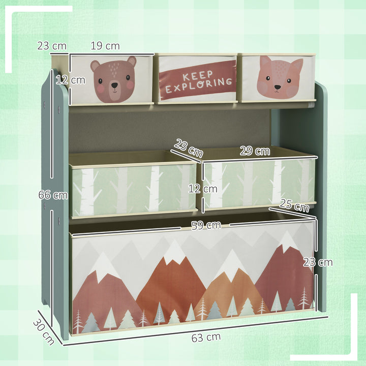 Estante para Brinquedos com 6 Caixas de Tecido não Tecido Amovíveis Organizador de Brinquedos para Crianças de 3-8 Anos para Dormitório 63x30x66 cm Verde
