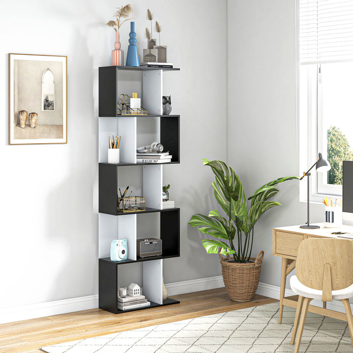 Estante para Livros Estante Alta de Parede com 5 Níveis em Forma de S Desenho Moderno para Sala de Estar Escritório 60x24x184,5 cm Branco e Preto