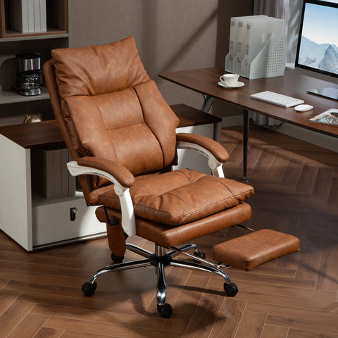 Cadeira de Escritório com Suporte Lombar Inflável Estofada em PU Cadeira de Secretária Giratória com Apoio para Pés Encosto Reclinável Encosto Alto Altura Ajustável 65x76x113-121 cm Marrom