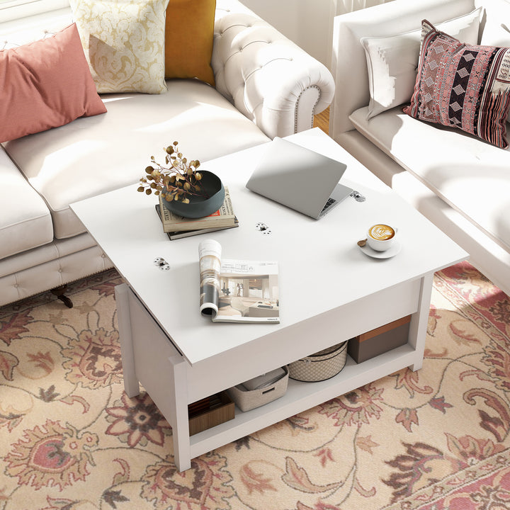 Mesa de Centro Elevatória e Extensível com Compartimentos Ocultos e Prateleira Aberta para Sala de Estar Escritório 100x90x64 cm Branco
