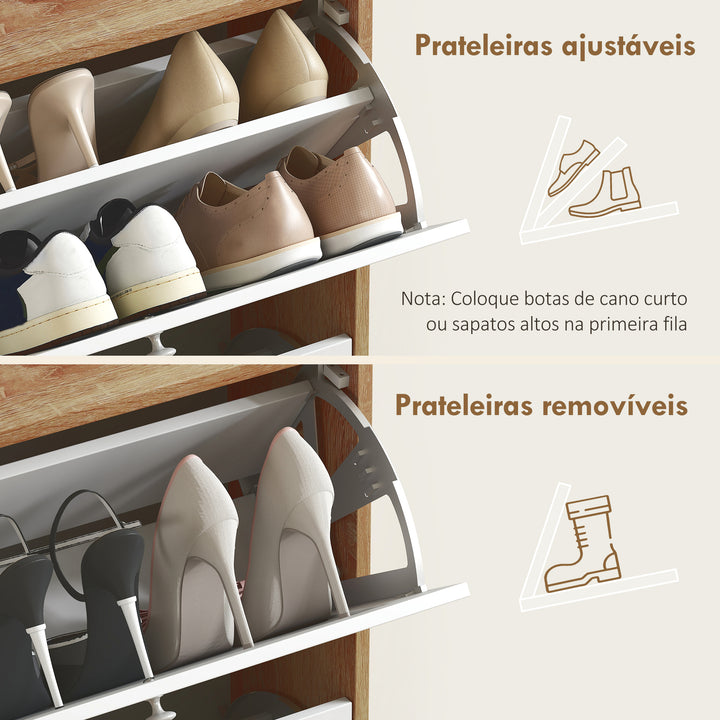 Sapateira Estreita com 2 Portas Sapateira de Entrada com Prateleiras Ajustáveis para 12 Pares de Sapatos para Corredor Espaços Reduzidos 60x24,5x75,5 cm Mdeira e Branco