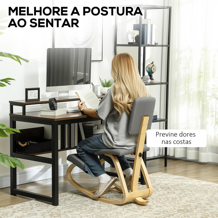 Cadeira Ergonómica de Joelhos com Encosto Almofadas Acolchoadas Estrutura de Madeira para Melhor Postura Escritório 51x84x93 cm Cinzento