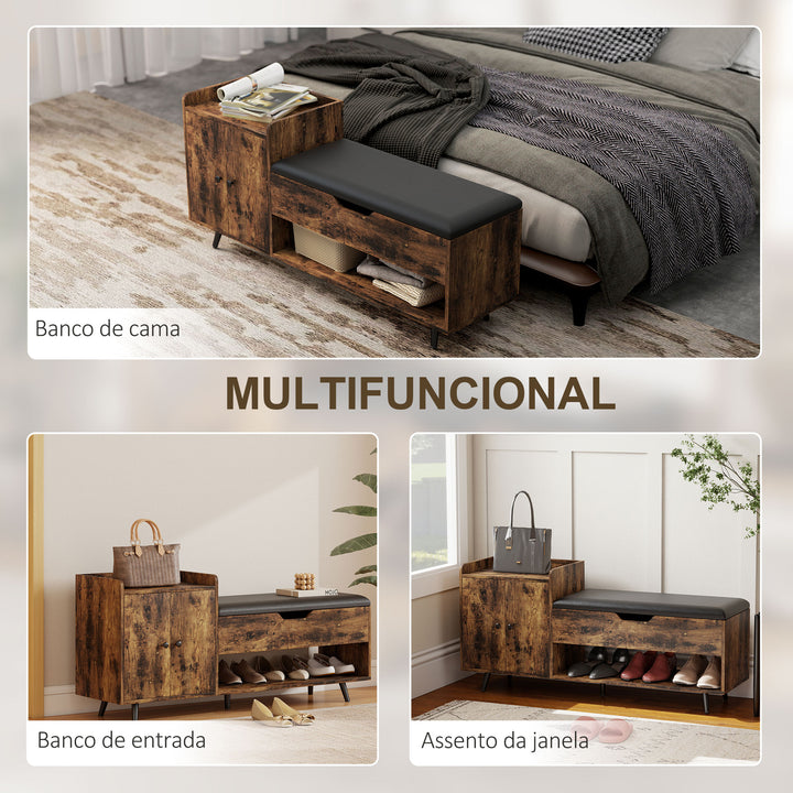 Banco Sapateira Banco para Entrada Estilo Industrial com Assento Acolchoado Compartimento Oculto Prateleiras Portas Prateleira Aberta para 3 Pares de Sapatos 127x35x59 cm Castanho Rústico