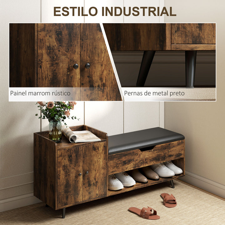 Banco Sapateira Banco para Entrada Estilo Industrial com Assento Acolchoado Compartimento Oculto Prateleiras Portas Prateleira Aberta para 3 Pares de Sapatos 127x35x59 cm Castanho Rústico