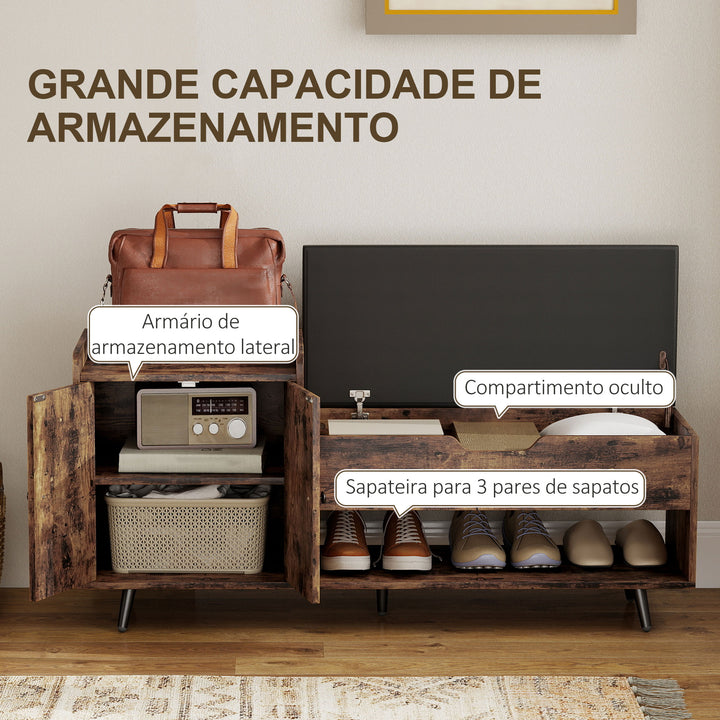 Banco Sapateira Banco para Entrada Estilo Industrial com Assento Acolchoado Compartimento Oculto Prateleiras Portas Prateleira Aberta para 3 Pares de Sapatos 127x35x59 cm Castanho Rústico