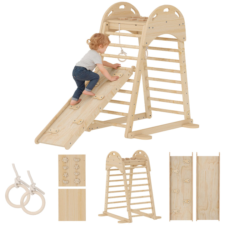 Triângulo de Escalada Montessori 6 em 1 Estrutura de Madeira com Plataforma Anéis e Escorrega para Escalar ou Deslizar para Crianças de 18-48 Meses Interiores Madeira