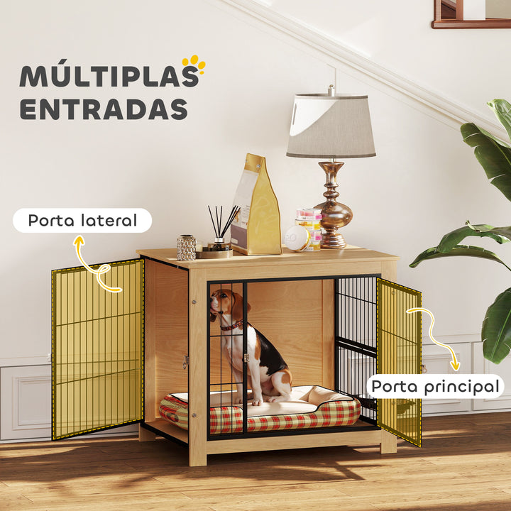 Gaiola para Cães Mesa Auxiliar Moderna Casa para Animais com 2 Portas Suporte Giratório com 2 Tigelas e Estrutura de Aço para Cães Médios 80x60x68 cm Carvalho