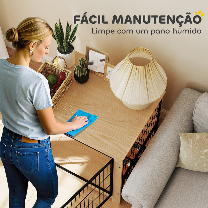 Gaiola para Cães Mesa Auxiliar Moderna Casa para Animais com 2 Portas Suporte Giratório com 2 Tigelas e Estrutura de Aço para Cães Médios 80x60x68 cm Carvalho