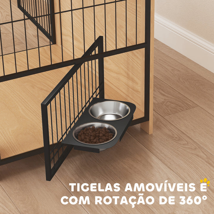 Gaiola para Cães Mesa Auxiliar Moderna Casa para Animais com 2 Portas Suporte Giratório com 2 Tigelas e Estrutura de Aço para Cães Médios 80x60x68 cm Carvalho