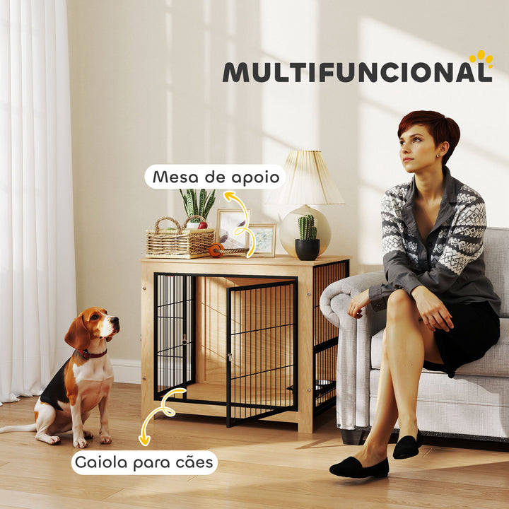 Gaiola para Cães Mesa Auxiliar Moderna Casa para Animais com 2 Portas Suporte Giratório com 2 Tigelas e Estrutura de Aço para Cães Médios 80x60x68 cm Carvalho