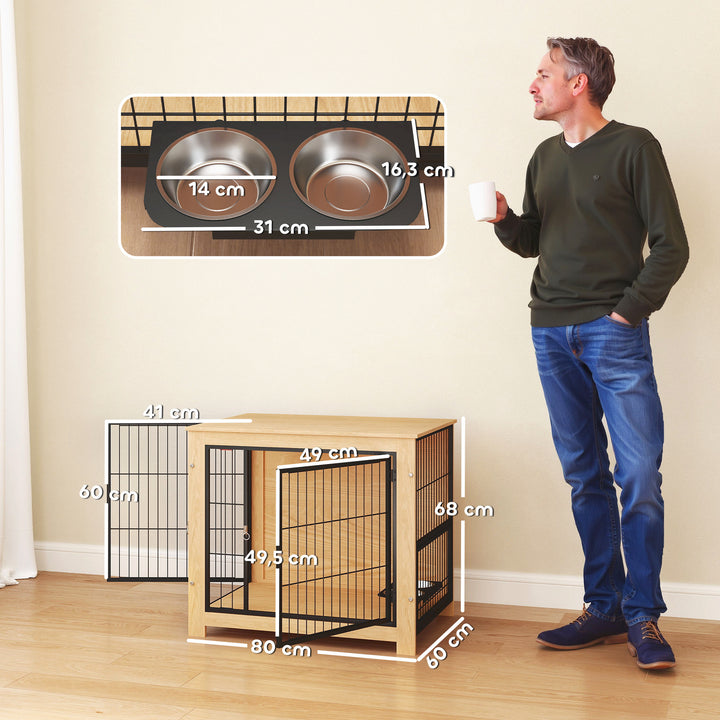 Gaiola para Cães Mesa Auxiliar Moderna Casa para Animais com 2 Portas Suporte Giratório com 2 Tigelas e Estrutura de Aço para Cães Médios 80x60x68 cm Carvalho