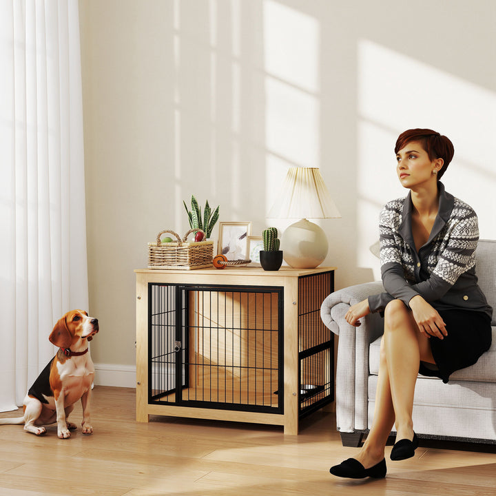 Gaiola para Cães Mesa Auxiliar Moderna Casa para Animais com 2 Portas Suporte Giratório com 2 Tigelas e Estrutura de Aço para Cães Médios 80x60x68 cm Carvalho