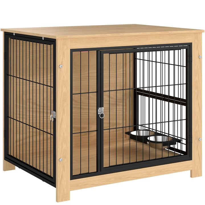 Gaiola para Cães Mesa Auxiliar Moderna Casa para Animais com 2 Portas Suporte Giratório com 2 Tigelas e Estrutura de Aço para Cães Médios 80x60x68 cm Carvalho