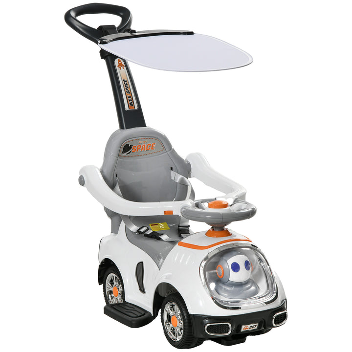 Carro Andador 3 em 1 para Crianças 12-36 Meses Carro Andador com Espaço de Armazenamento Design de Robot com Olhos Luminosos Música Buzina Pega de Empurrar e Toldo Amovíveis 89x44,5x84 cm Branco