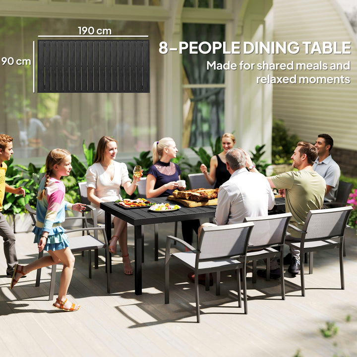 Mesa de Jardim Retangular Mesa de Exterior para 8 Pessoas com Bancada de Ripas e Estrutura de Alumínio para Terraço Balcão 190x90x74cm Preto