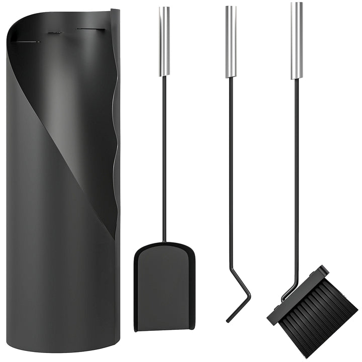 Conjunto de Acessórios para Lareira de 4 Peças Conjunto de Acessórios de Metal com Vassoura Pá Atiçador e Balde 20x20x65 cm Preto e Prateado