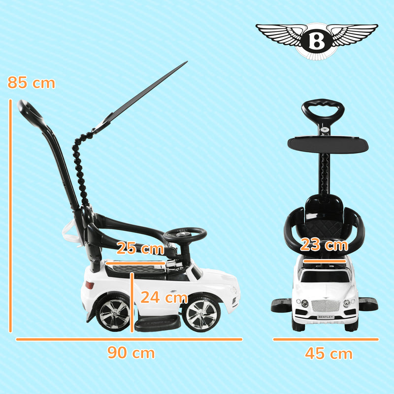 Carro Andador 3 em 1 Carro Andador com Licença Bentley Bentayga Carro Andador para Bebés de 12-36 Meses com Guiador e Capô Desmontáveis Música e Buzina Branco