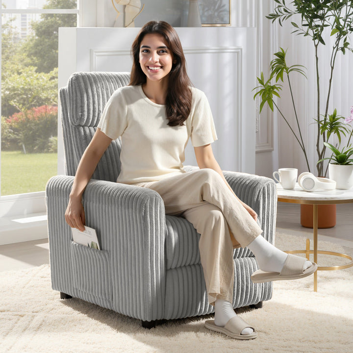 Poltrona Relax Reclinável Poltrona Reclinável Manual Estofada em Veludo Instalação Rápida Apoio para Pés Acolchoamento Grosso Para Sala de Estar Quarto Escritório 73x86x100 cm Cinza