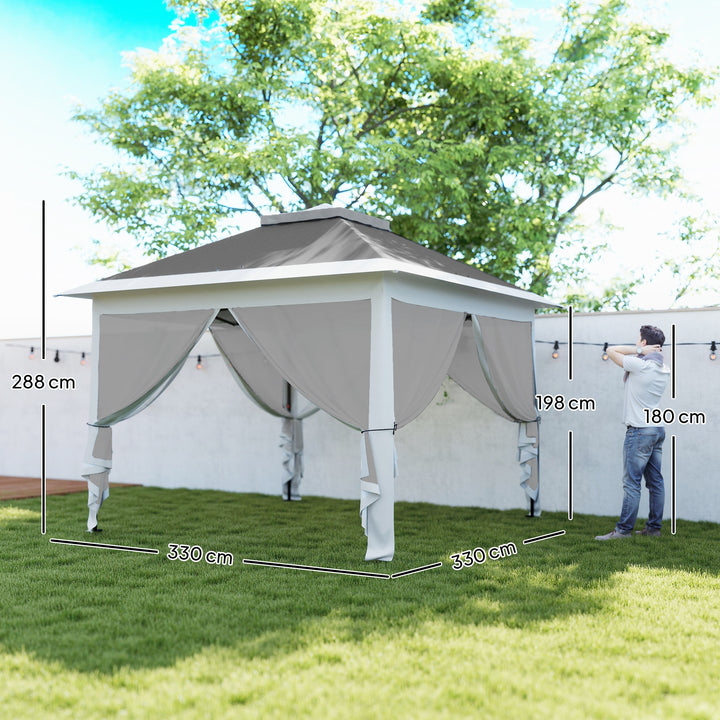 Tenda Dobrável 3,3x3,3 m Pop-Up, Pérgola de Jardim com Altura Ajustável (3 Níveis), Teto Duplo, 4 Mosquiteiros Removíveis e Bolsa de Transporte, Impermeável, Anti-UV para Exterior, Cinzento Escuro