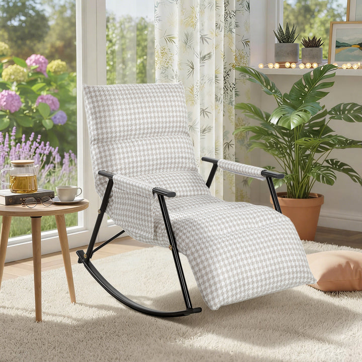 Poltrona Baloiço com Encosto e Apoia-Pés Ajustáveis Poltrona Baloiço 105° Estofada em Linho com Bolso Lateral e Estrutura de Metal Suporta 120 kg para Quarto Sala Cinzento e Branco