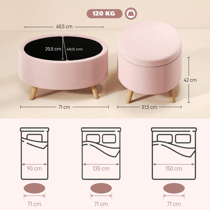 Otomano Puff Estofado em Veludo Acolchoado Banco de Armazenamento com Tampa Removível e Pés de Madeira para Dormitórios Sala de Estar Corredor 71x51,5x42 cm Rosa