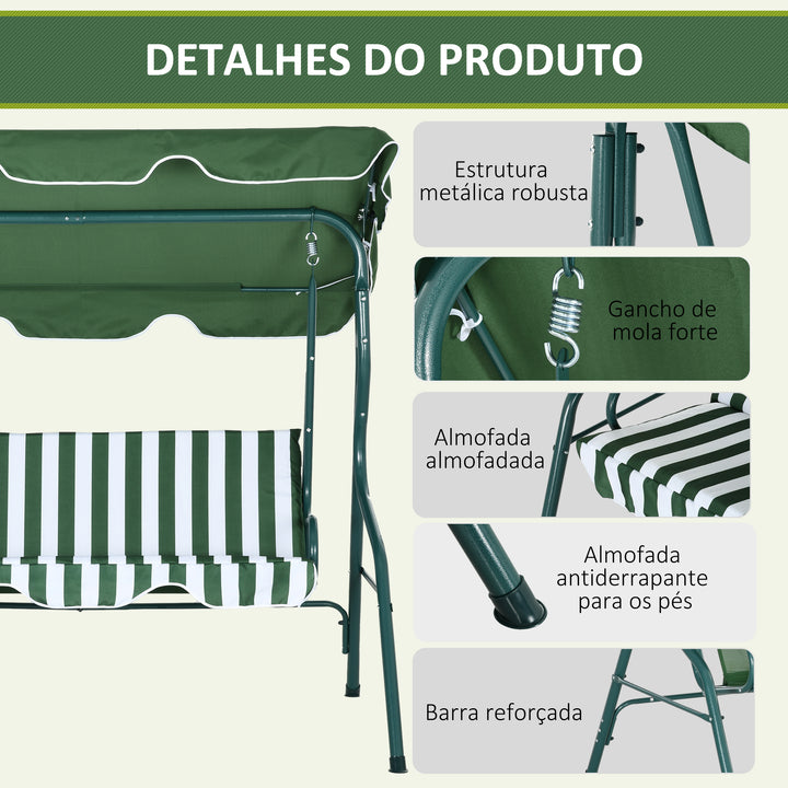 Baloiço de Jardim de 2-3 Lugares com Estrutura de Metal Almofada Toldo Ajustável Balcão Terraço Patio Capacidade 240kg 170x110x153cm Verde e Branco