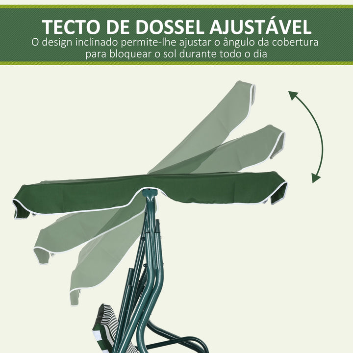 Baloiço de Jardim de 2-3 Lugares com Estrutura de Metal Almofada Toldo Ajustável Balcão Terraço Patio Capacidade 240kg 170x110x153cm Verde e Branco