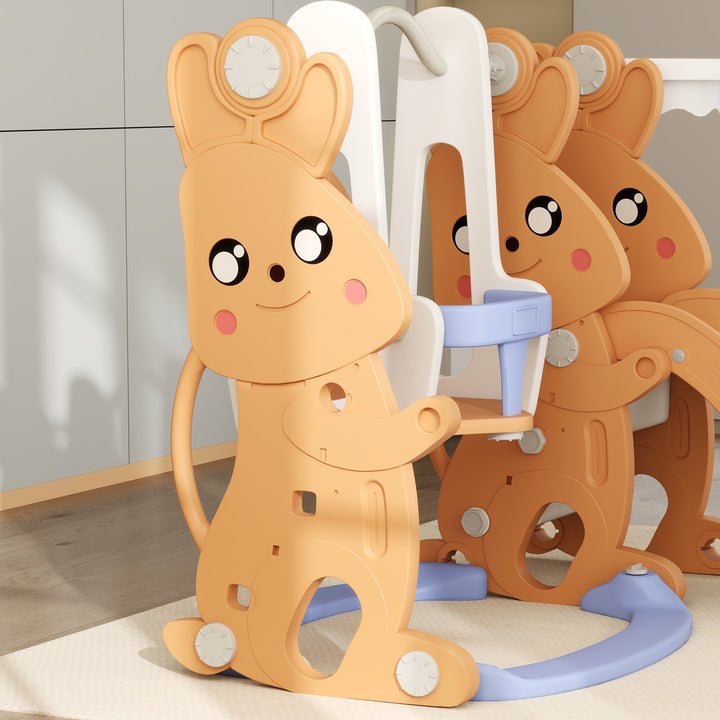 Escorrega Infantil 4 em 1 Baloiço e Escorrega Escalador Cesto de Basquetebol Temática de Coelho Parque Infantil para Interior e Exterior 147,5x160x107 cm Laranja