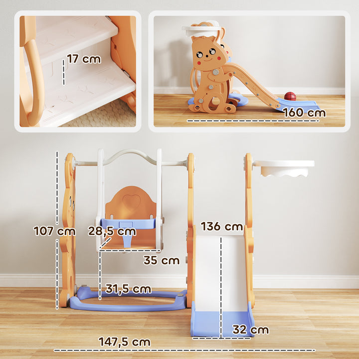 Escorrega Infantil 4 em 1 Baloiço e Escorrega Escalador Cesto de Basquetebol Temática de Coelho Parque Infantil para Interior e Exterior 147,5x160x107 cm Laranja