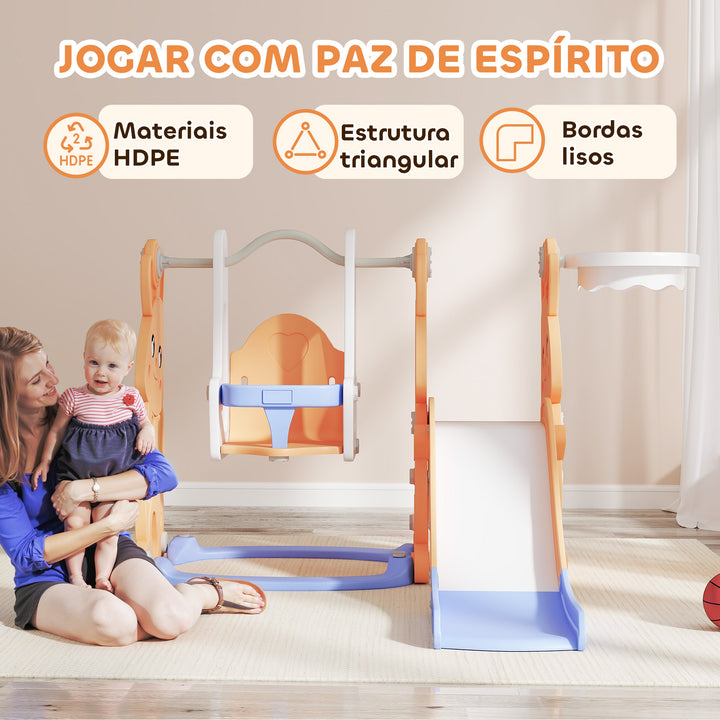 Escorrega Infantil 4 em 1 Baloiço e Escorrega Escalador Cesto de Basquetebol Temática de Coelho Parque Infantil para Interior e Exterior 147,5x160x107 cm Laranja