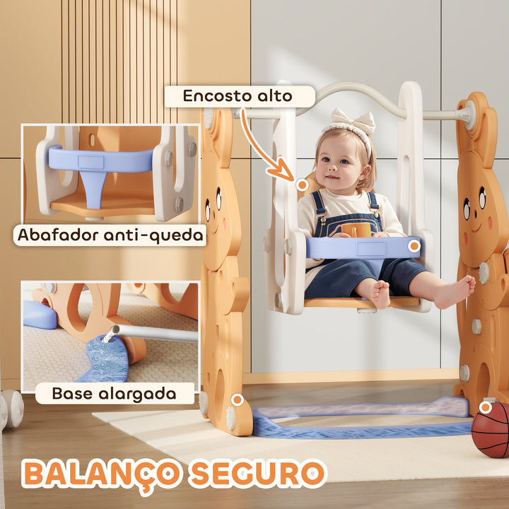 Escorrega Infantil 4 em 1 Baloiço e Escorrega Escalador Cesto de Basquetebol Temática de Coelho Parque Infantil para Interior e Exterior 147,5x160x107 cm Laranja