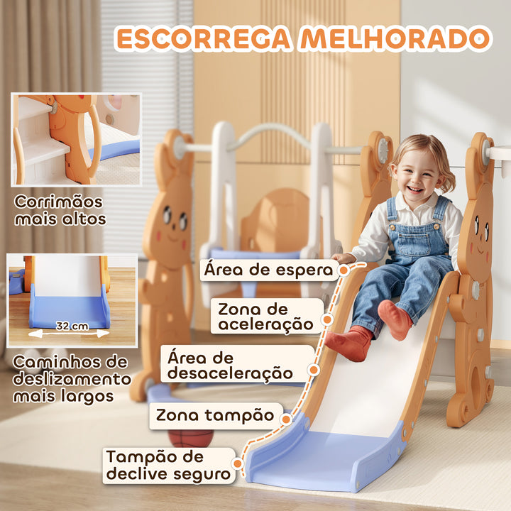 Escorrega Infantil 4 em 1 Baloiço e Escorrega Escalador Cesto de Basquetebol Temática de Coelho Parque Infantil para Interior e Exterior 147,5x160x107 cm Laranja