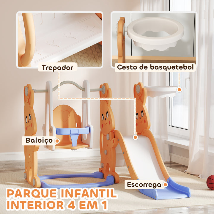 Escorrega Infantil 4 em 1 Baloiço e Escorrega Escalador Cesto de Basquetebol Temática de Coelho Parque Infantil para Interior e Exterior 147,5x160x107 cm Laranja