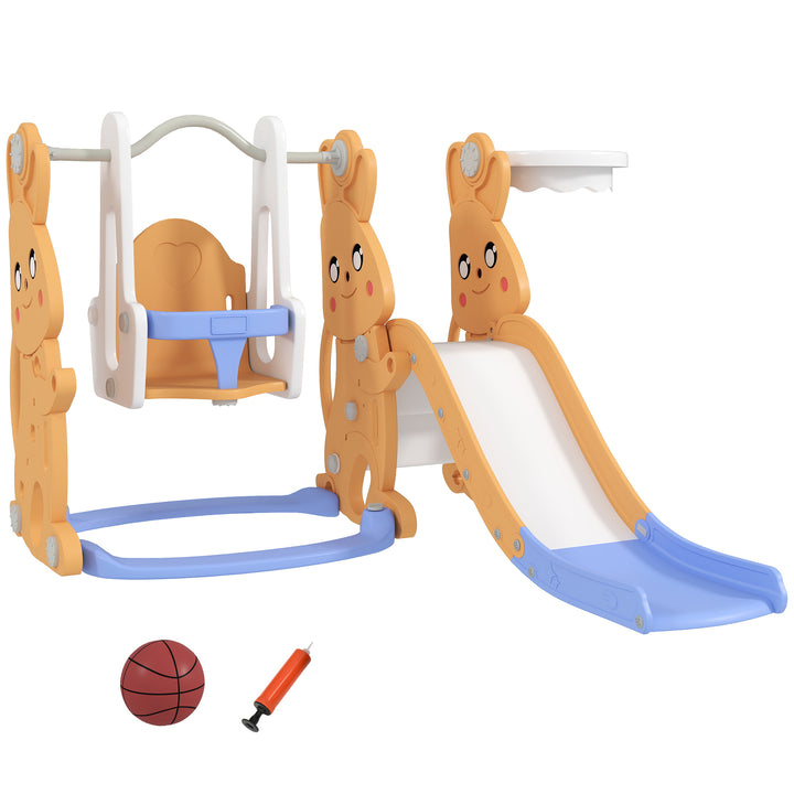 Escorrega Infantil 4 em 1 Baloiço e Escorrega Escalador Cesto de Basquetebol Temática de Coelho Parque Infantil para Interior e Exterior 147,5x160x107 cm Laranja