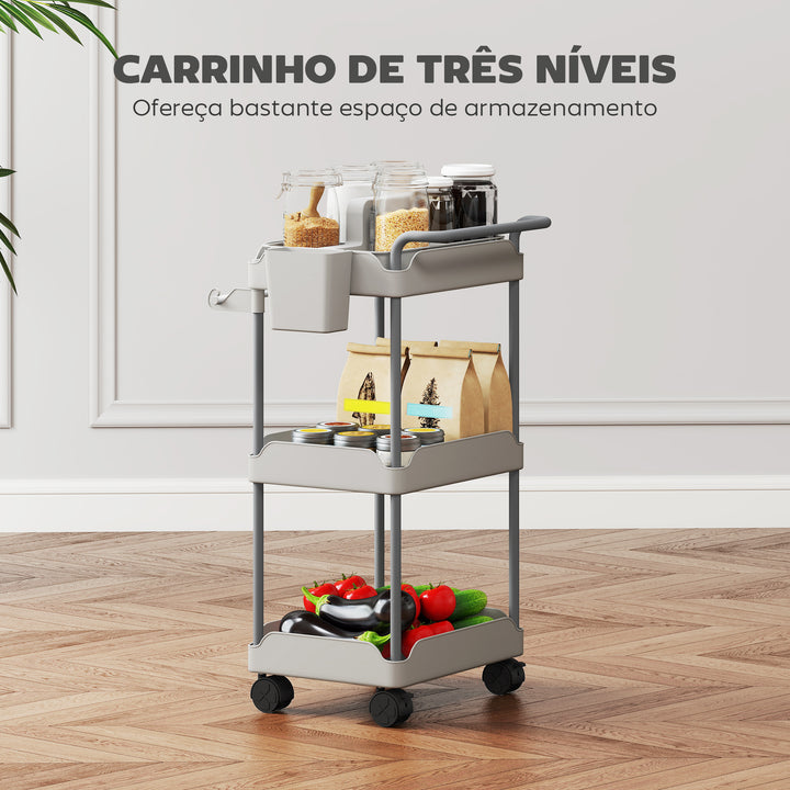 Carrinho Auxiliar com Rodas de 3 Níveis Carrinho de Cozinha com Cestos Extraíveis Rodas com Travão Suporte para Toalhas e Estrutura de Metal Carrinho de Serviço para Casa de Banho 42x42,5x76 cm Cinza