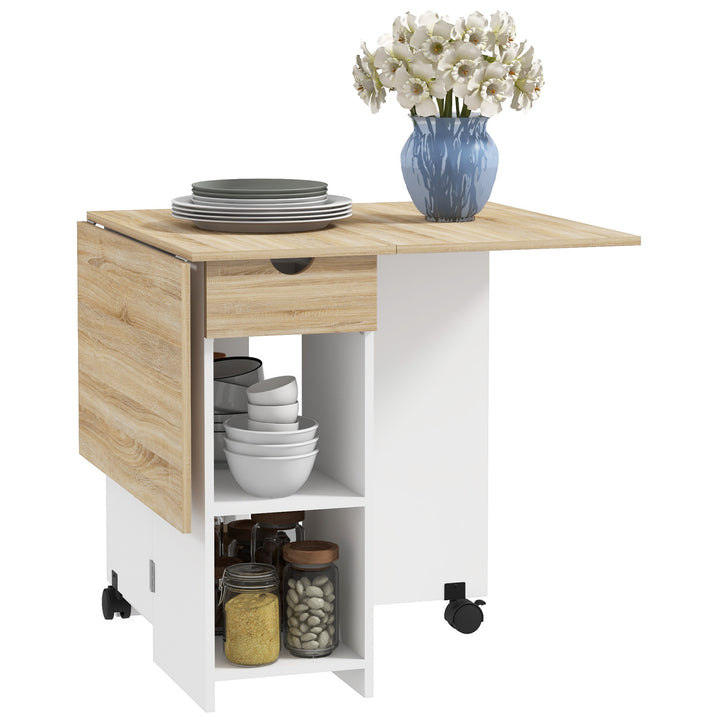 Mesa de Cozinha Dobrável Mesa de Sala de Jantar com Rodas Laterais Rebatíveis Gaveta e Prateleiras Mesa Dobrável para 2-4 Pessoas 120x72x75 cm Madeira e Branco