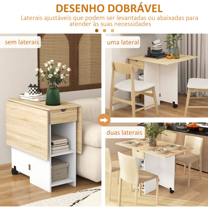 Mesa de Cozinha Dobrável Mesa de Sala de Jantar com Rodas Laterais Rebatíveis Gaveta e Prateleiras Mesa Dobrável para 2-4 Pessoas 120x72x75 cm Madeira e Branco