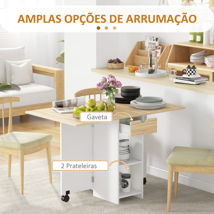 Mesa de Cozinha Dobrável Mesa de Sala de Jantar com Rodas Laterais Rebatíveis Gaveta e Prateleiras Mesa Dobrável para 2-4 Pessoas 120x72x75 cm Madeira e Branco