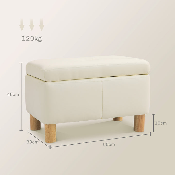 Baú de Armazenamento para Dormitório 33L Puff de Armazenamento Estofado em PU Banco de Arrumação com Pés de Madeira para Corredor Sala de Estar 60x38x40 cm Creme
