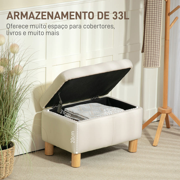 Baú de Armazenamento para Dormitório 33L Puff de Armazenamento Estofado em PU Banco de Arrumação com Pés de Madeira para Corredor Sala de Estar 60x38x40 cm Creme