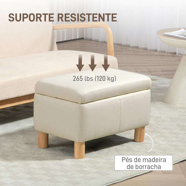 Baú de Armazenamento para Dormitório 33L Puff de Armazenamento Estofado em PU Banco de Arrumação com Pés de Madeira para Corredor Sala de Estar 60x38x40 cm Creme