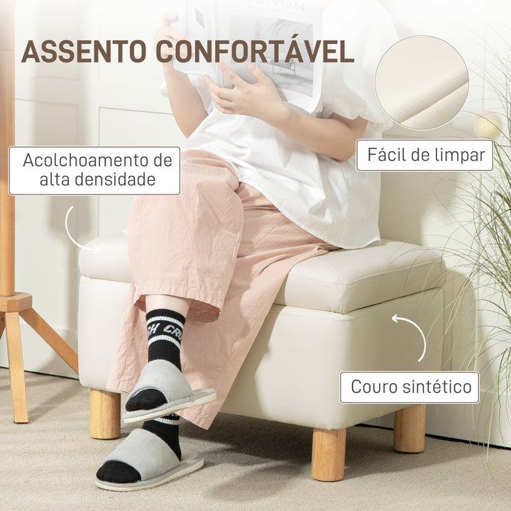 Baú de Armazenamento para Dormitório 33L Puff de Armazenamento Estofado em PU Banco de Arrumação com Pés de Madeira para Corredor Sala de Estar 60x38x40 cm Creme