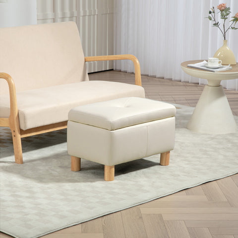 Baú de Armazenamento para Dormitório 33L Puff de Armazenamento Estofado em PU Banco de Arrumação com Pés de Madeira para Corredor Sala de Estar 60x38x40 cm Creme