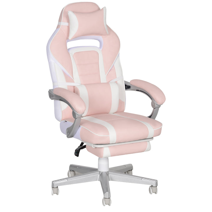 Cadeira Gaming Cadeira de Escritório Reclinável com Altura Ajustável Apoio para os Pés Retrátil Suporte Lombar e Almofada para a Cabeça Amovível 63x63x115,5-123 cm Rosa