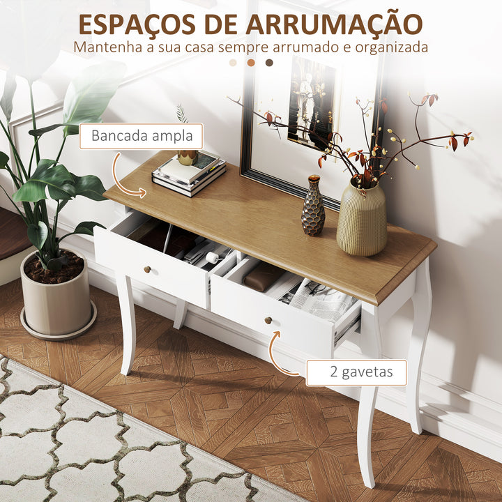 Mesa Consola Consola de Entrada com 2 Gavetas Estilo Francês para Corredor Dormitório Sala de Estar 100x35x76,5 cm Branco e Marrom Escuro
