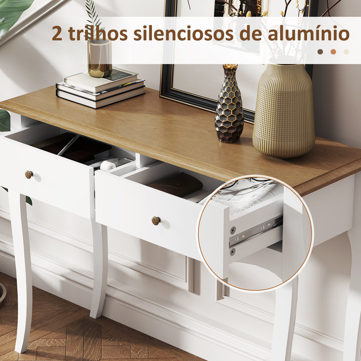 Mesa Consola Consola de Entrada com 2 Gavetas Estilo Francês para Corredor Dormitório Sala de Estar 100x35x76,5 cm Branco e Marrom Escuro