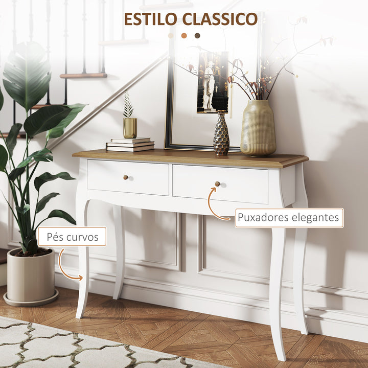 Mesa Consola Consola de Entrada com 2 Gavetas Estilo Francês para Corredor Dormitório Sala de Estar 100x35x76,5 cm Branco e Marrom Escuro