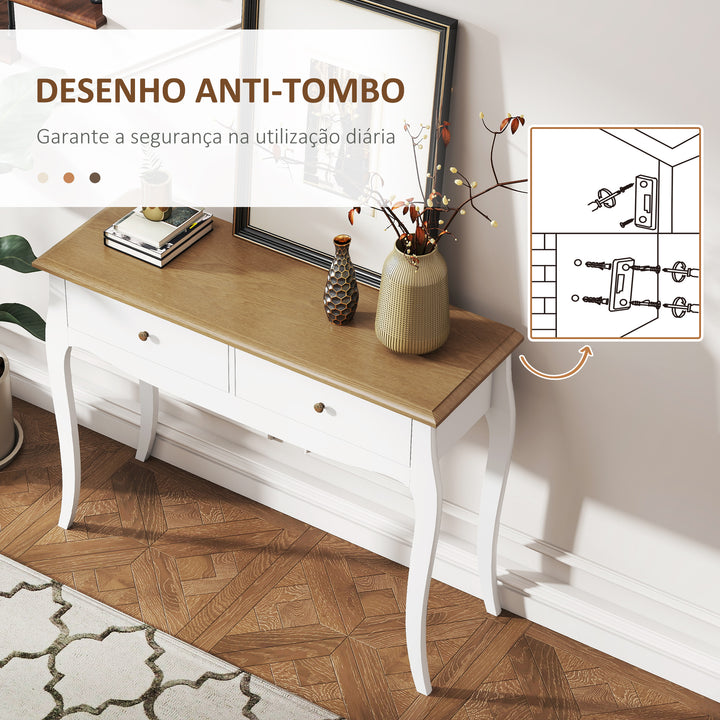 Mesa Consola Consola de Entrada com 2 Gavetas Estilo Francês para Corredor Dormitório Sala de Estar 100x35x76,5 cm Branco e Marrom Escuro
