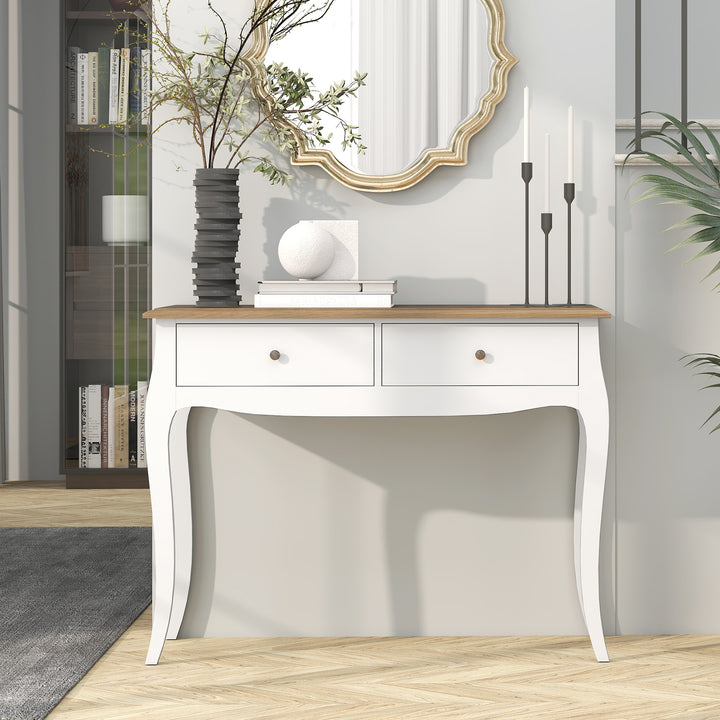Mesa Consola Consola de Entrada com 2 Gavetas Estilo Francês para Corredor Dormitório Sala de Estar 100x35x76,5 cm Branco e Marrom Escuro